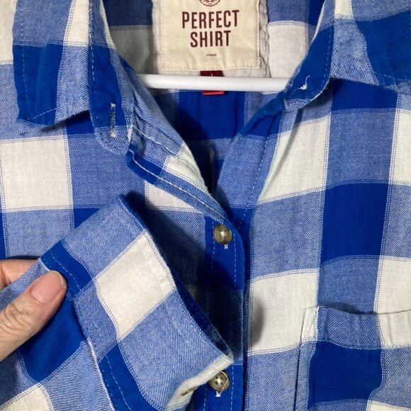 Womens So Perfect Shirt Buffalo Plaid Flannel Shirt Blue White Cotton L fits lik - Picture 3 of 8